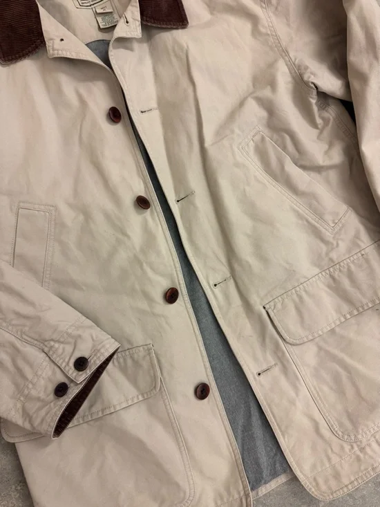L.L. Bean Beige Cotton Field Jacket with Brown Corduroy Collar Medium - Picture 2 of 8